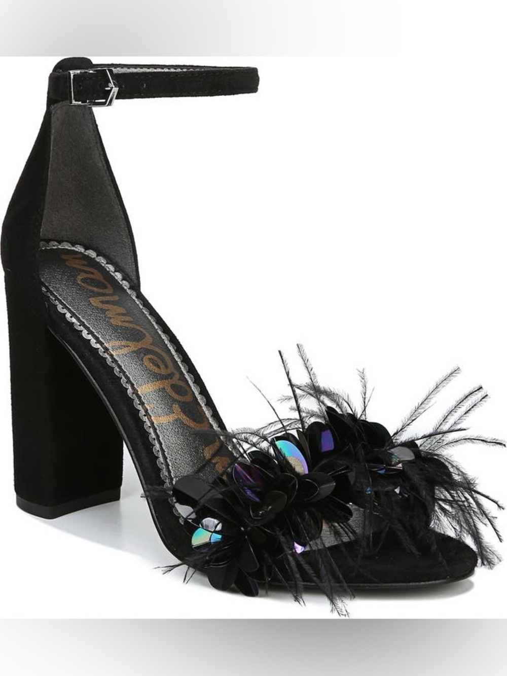 Sam Edelman Yal Sandal Heels Sz 8 Black Suede Feathers Accents Block Heel Strap